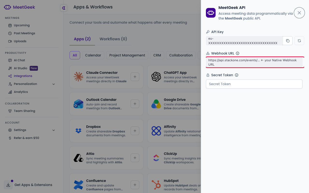 MeetGeek API settings panel with the Webhook URL field highlighted