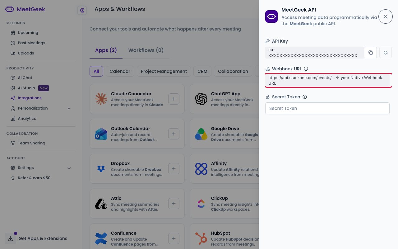 MeetGeek API settings panel with the Webhook URL field highlighted