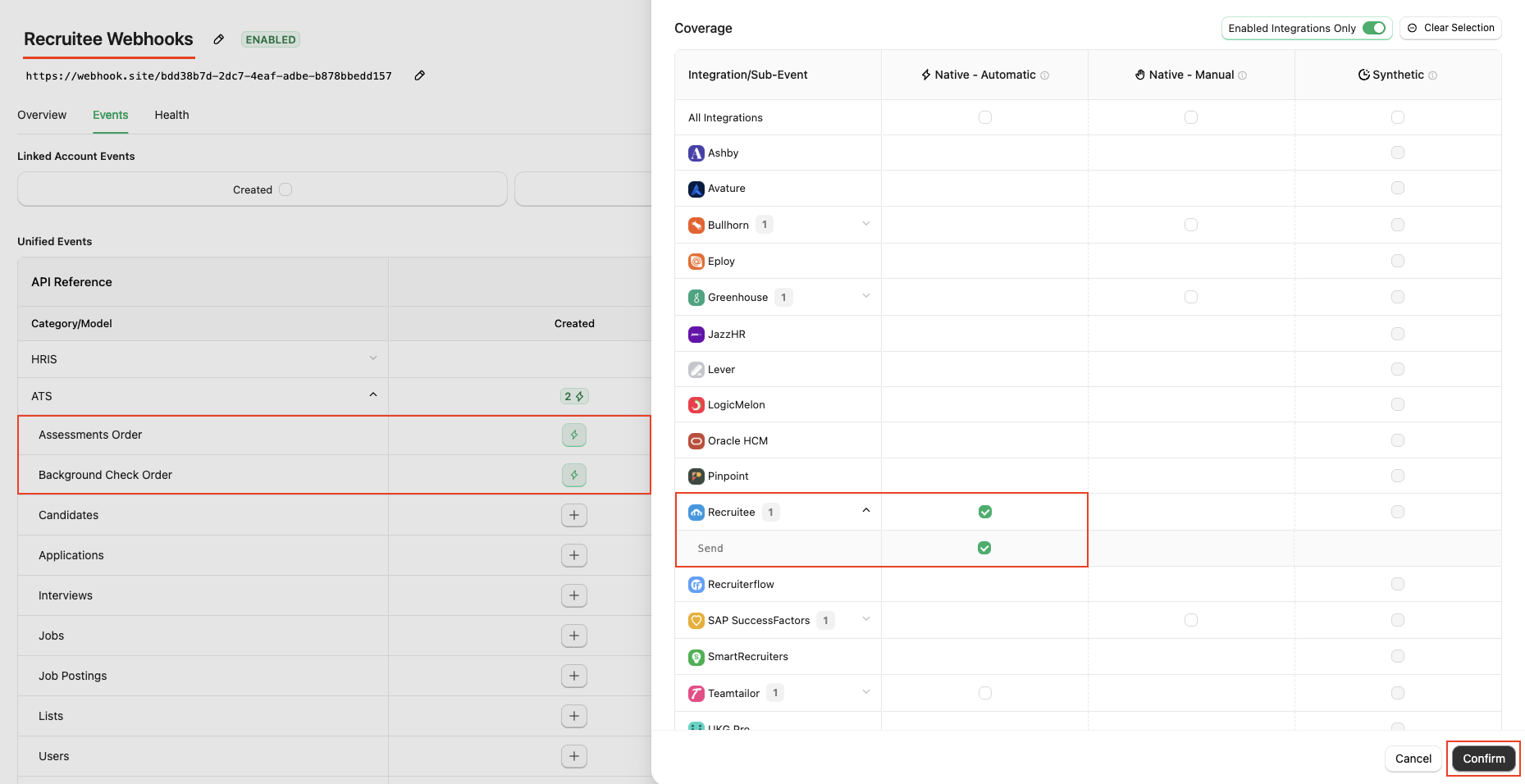 Select webhook events