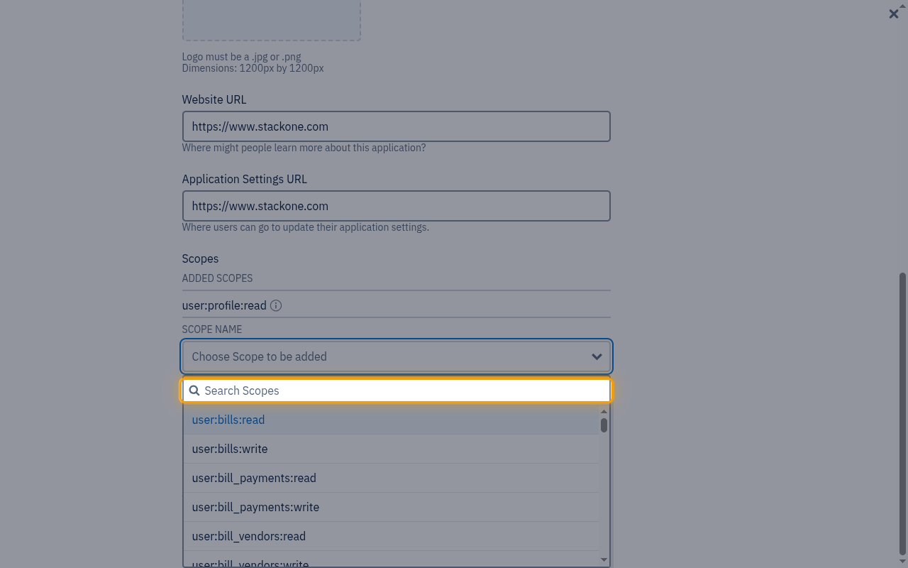 The Scopes section with the scope search box open and the list of available scopes