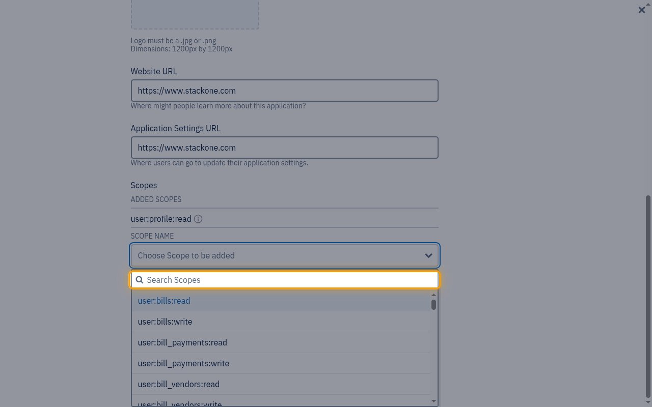 The Scopes section with the scope search box open and the list of available scopes