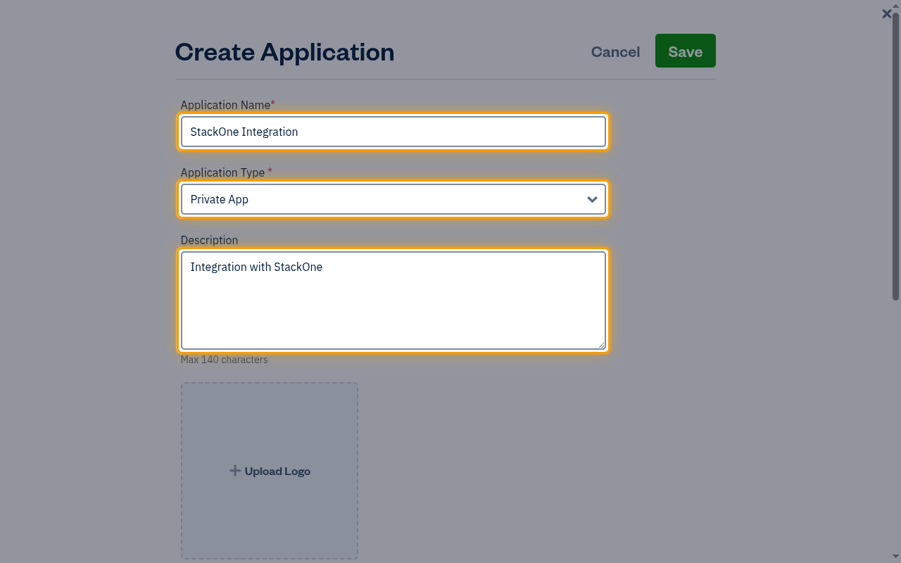 The Create Application form with the Application Name, Application Type and Description fields highlighted