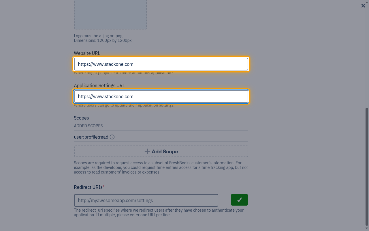 The Website URL and Application Settings URL fields highlighted on the Create Application form