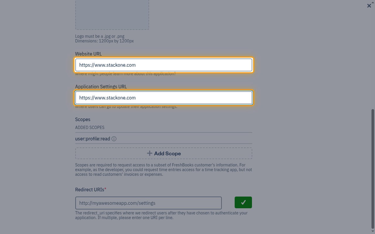 The Website URL and Application Settings URL fields highlighted on the Create Application form