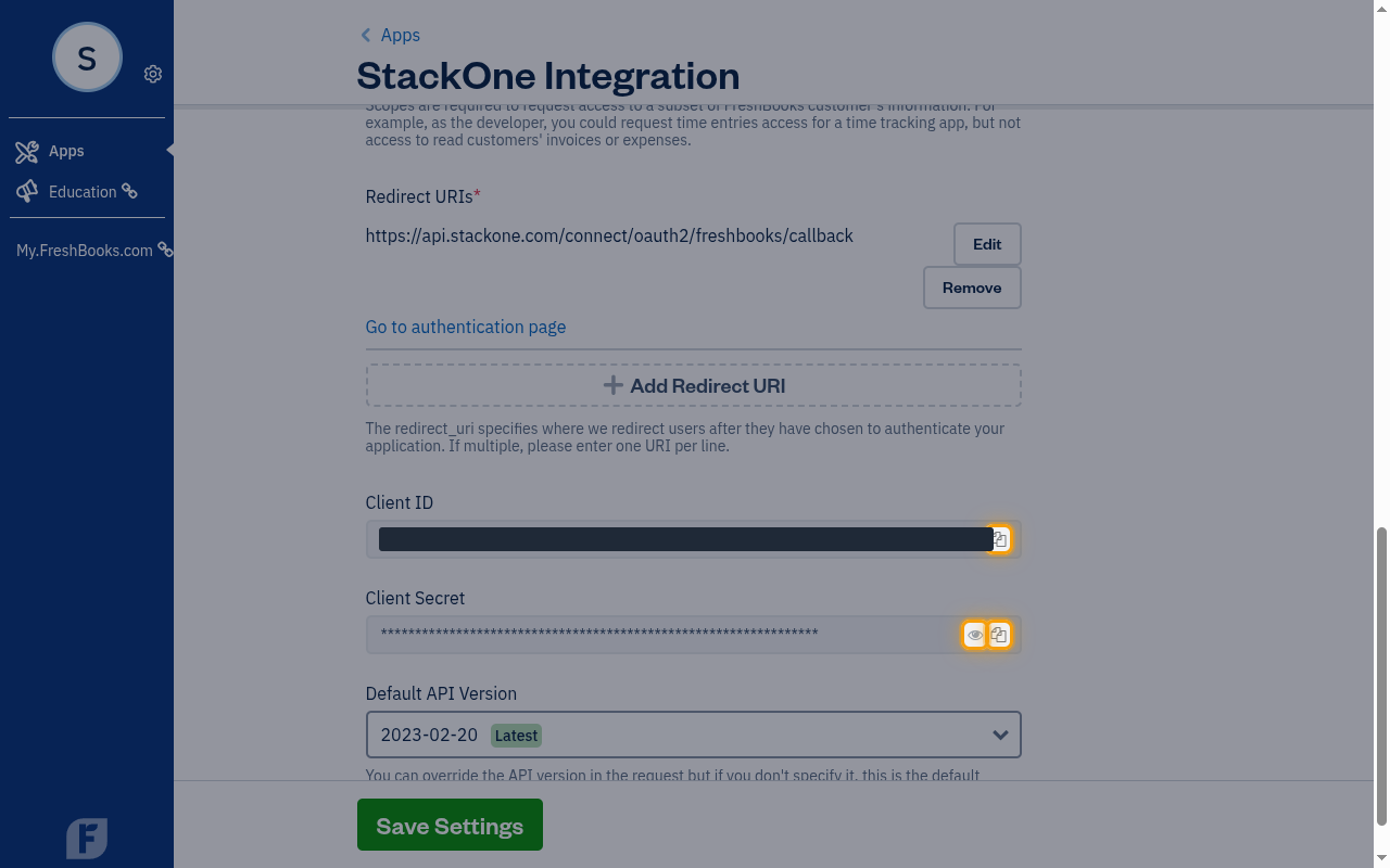 The application page showing the Client ID and Client Secret rows with their reveal and copy buttons highlighted