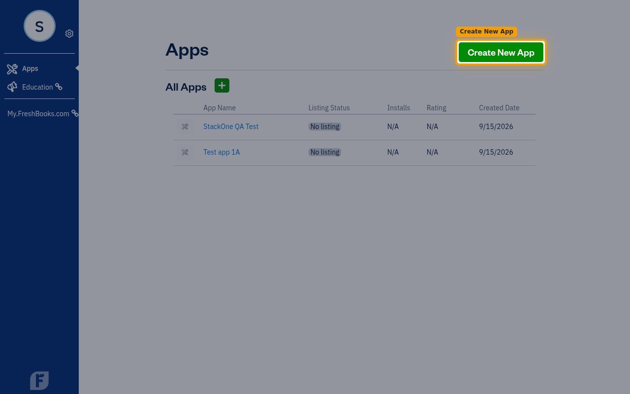 The Apps page with the Create New App button highlighted