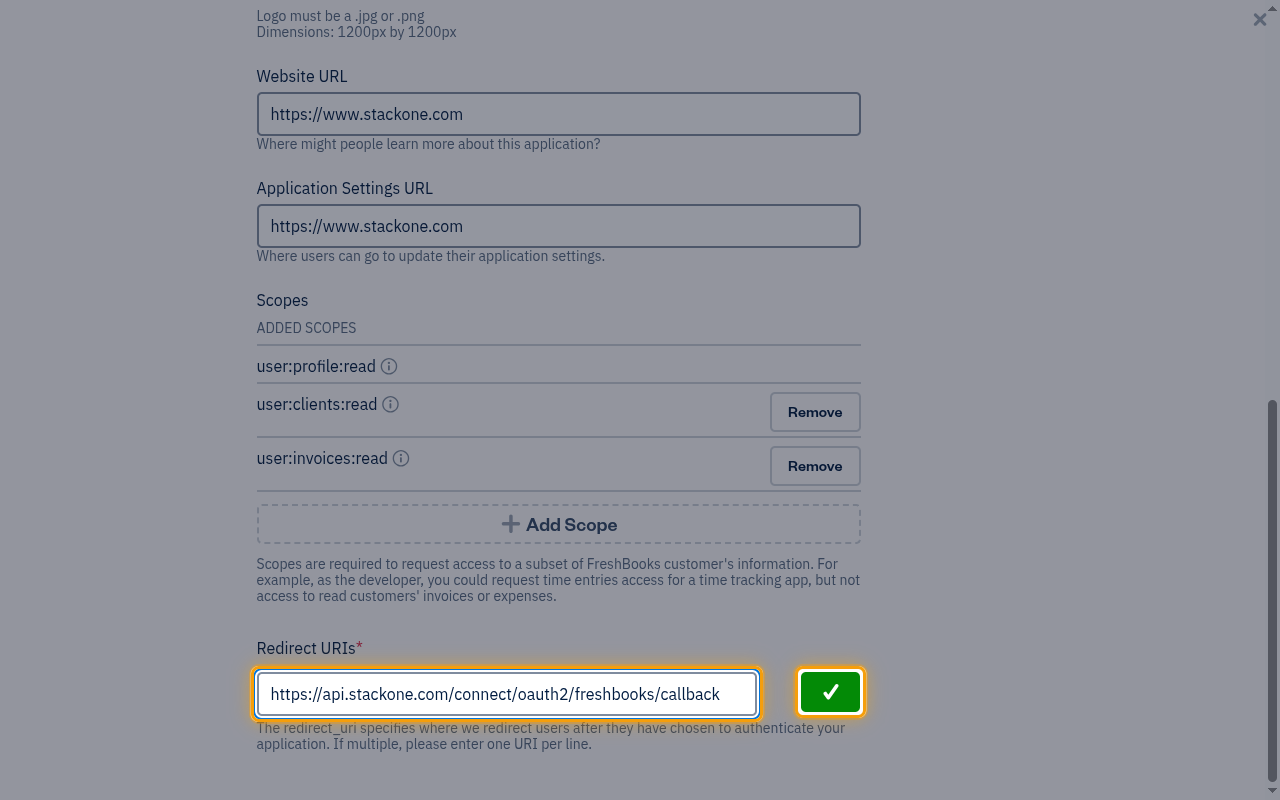 The Redirect URIs field containing the StackOne callback URL with the confirm button highlighted