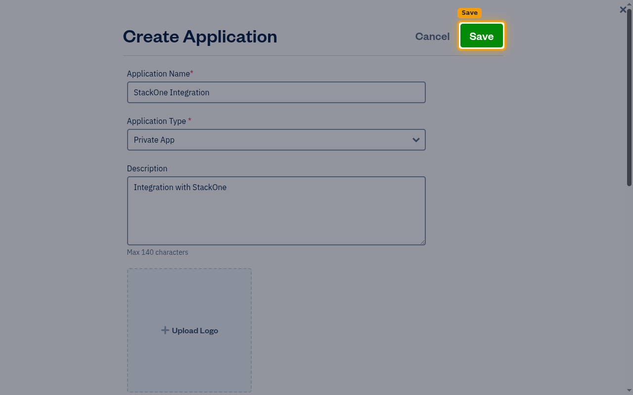 The Create Application form with the Save button highlighted