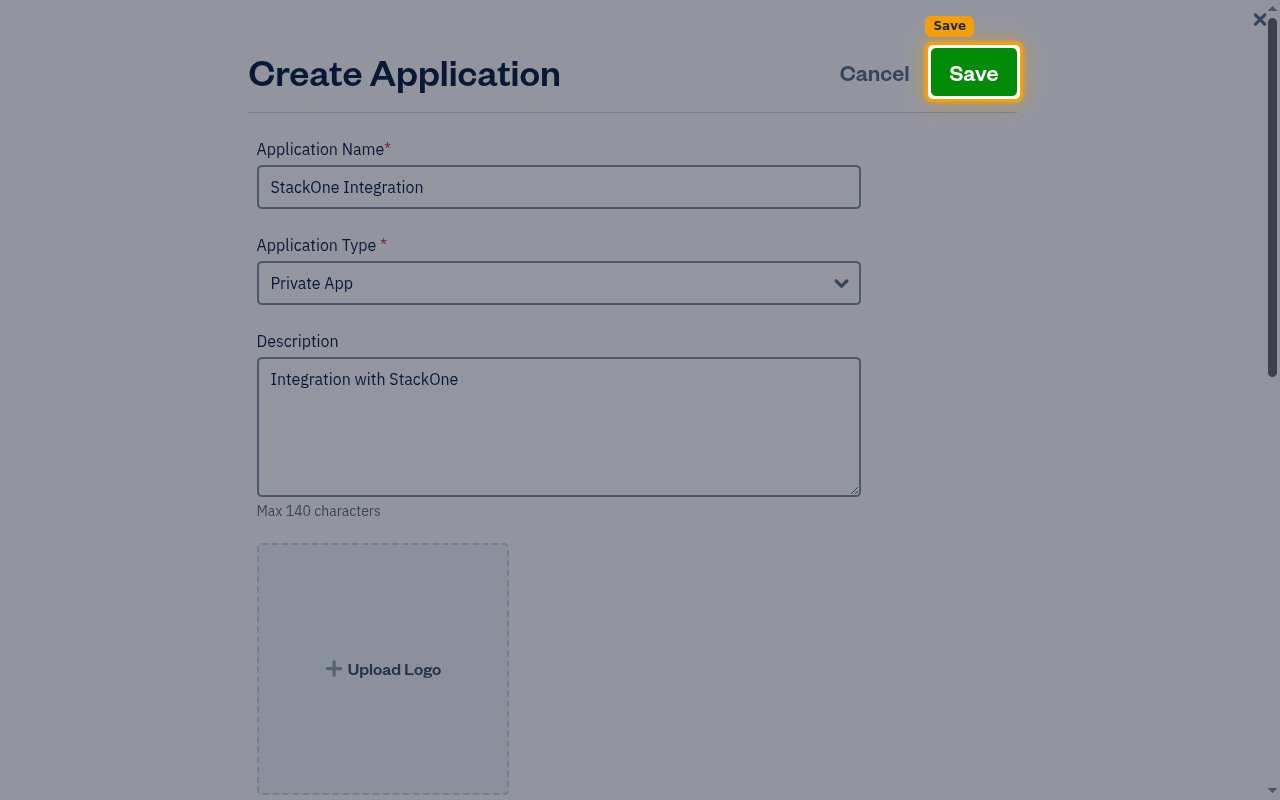 The Create Application form with the Save button highlighted
