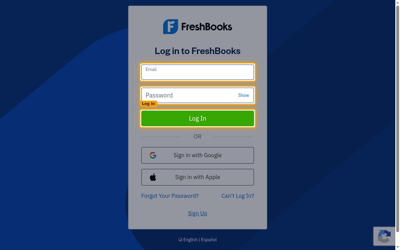 The FreshBooks log in screen with the email, password and Log In fields highlighted