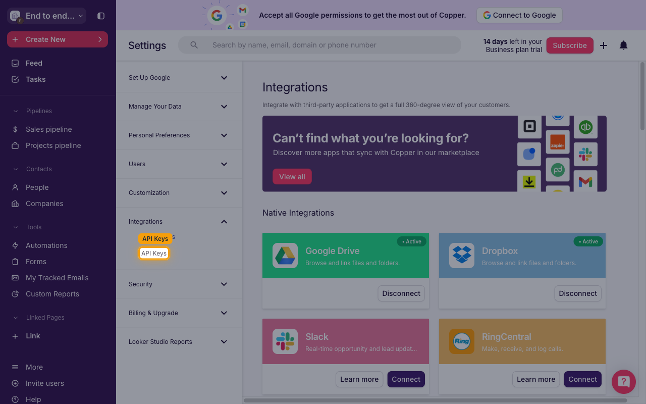 Settings page with API Keys highlighted under the Integrations submenu