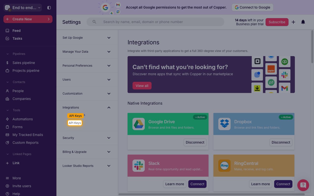 Settings page with API Keys highlighted under the Integrations submenu