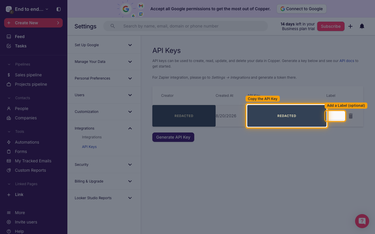 New API Key row with the API Key value and Label input highlighted (real key redacted)