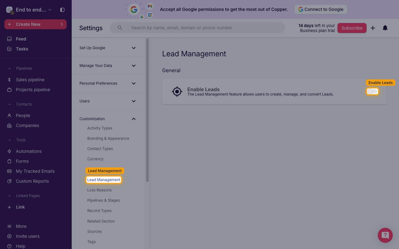 Lead Management settings page with the Lead Management left-nav entry and the Enable Leads toggle highlighted