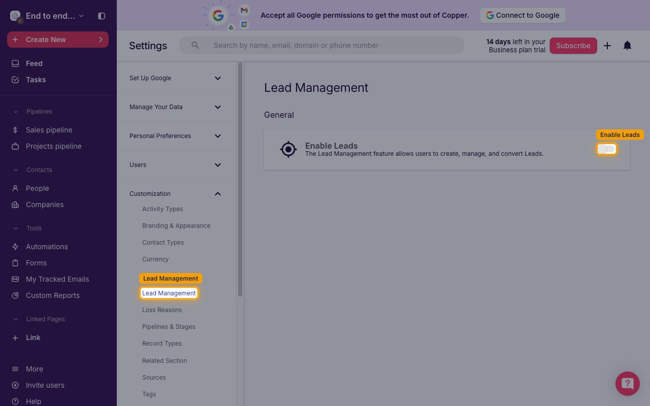 Lead Management settings page with the Lead Management left-nav entry and the Enable Leads toggle highlighted