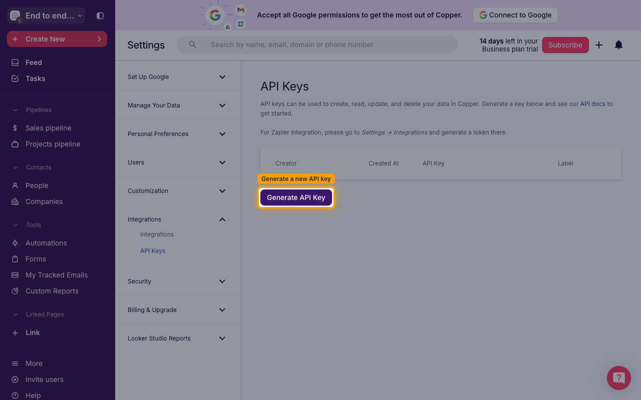 API Keys page with the Generate API Key button highlighted