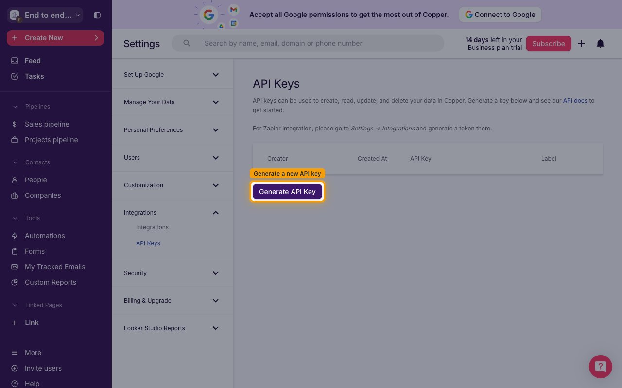 API Keys page with the Generate API Key button highlighted