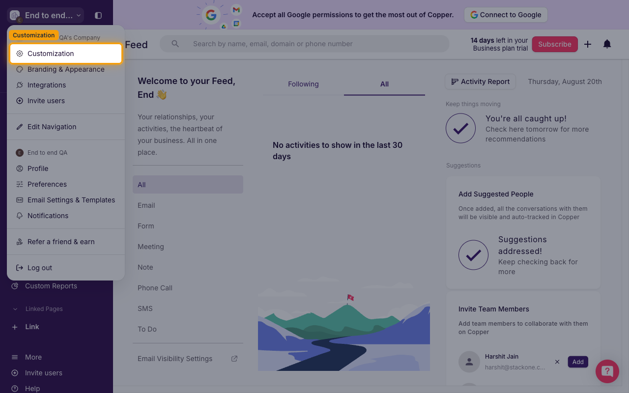 Copper workspace menu opened with the Customization option highlighted