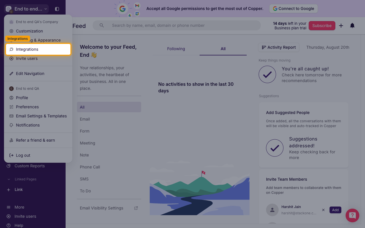 Copper workspace menu opened with the Integrations option highlighted