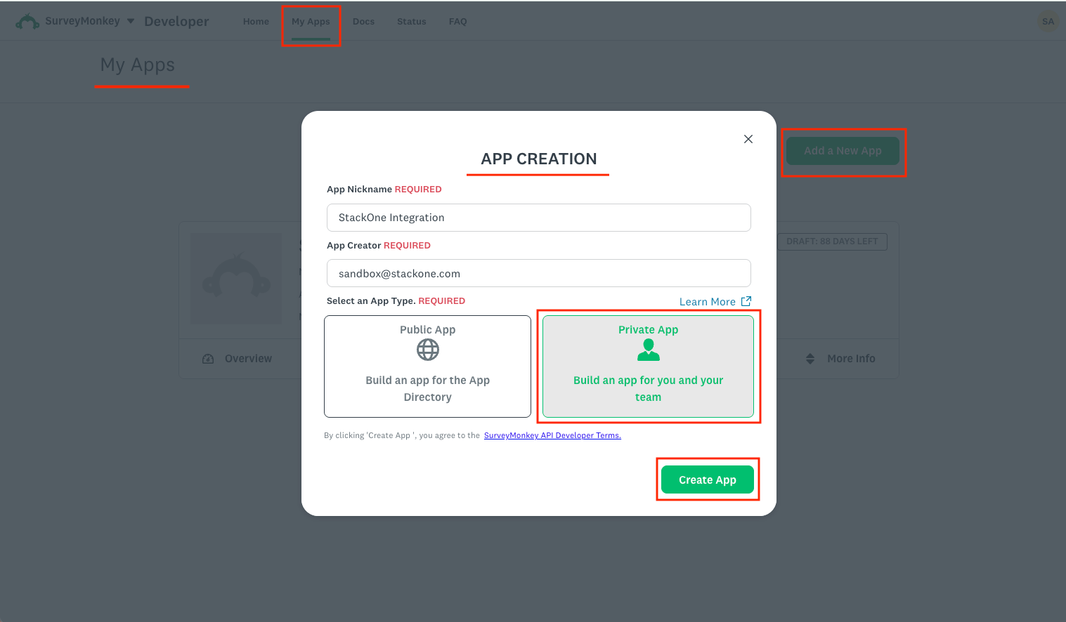 App Creation dialog