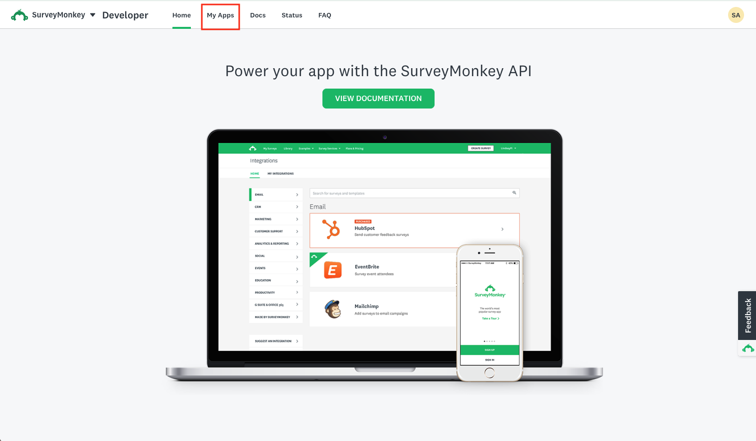 SurveyMonkey Developer Portal My Apps page