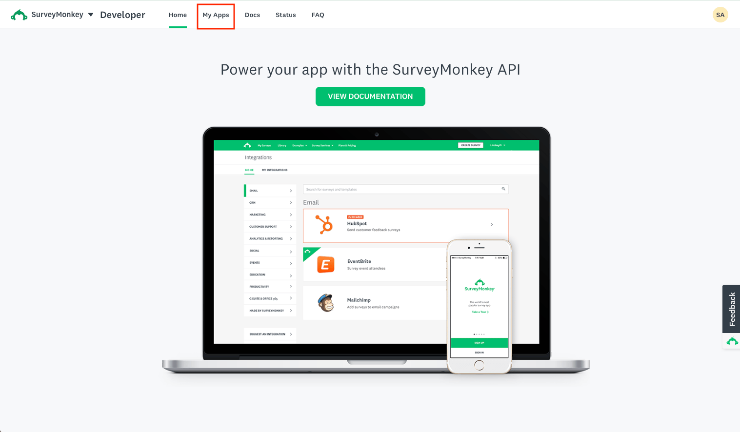 SurveyMonkey Developer Portal My Apps page
