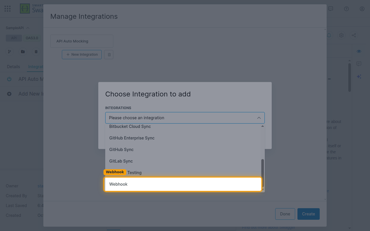 The Choose Integration to add dialog with Webhook selected in the integration dropdown