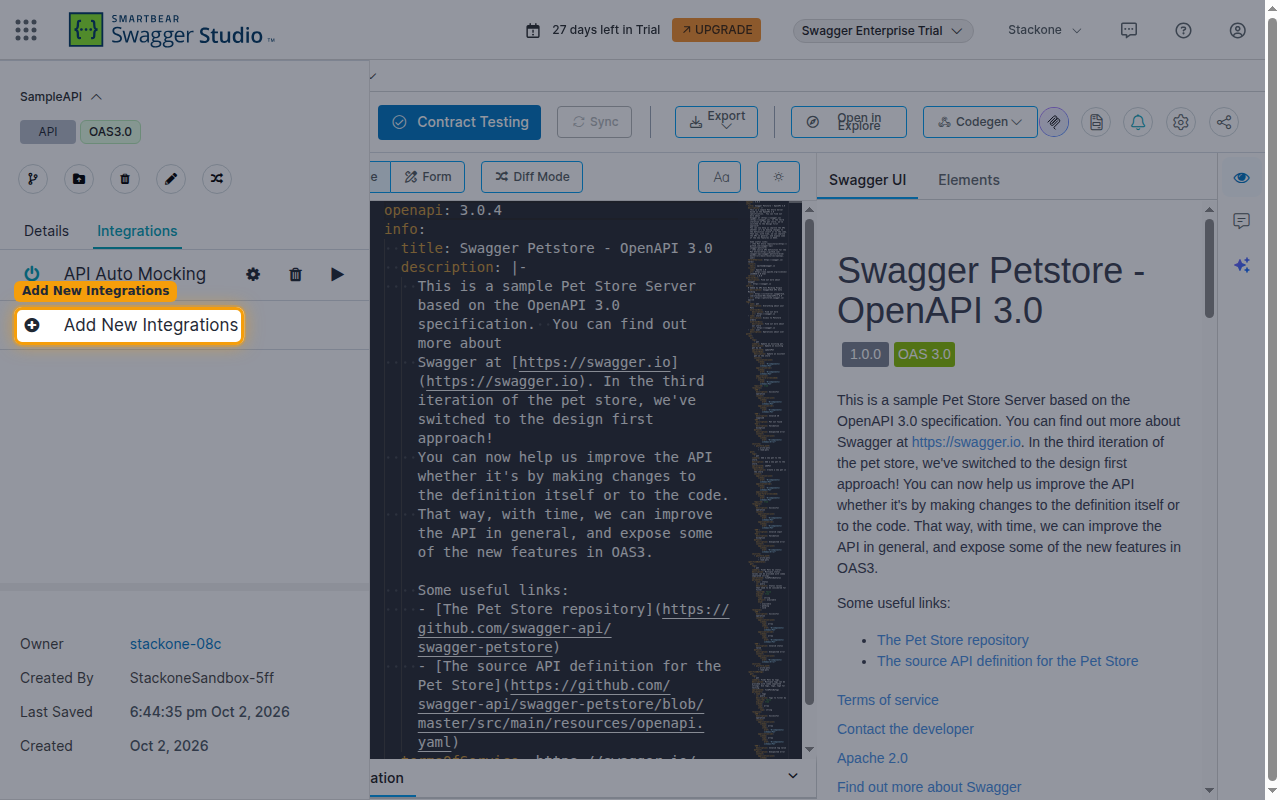 The API panel Integrations tab with the Add New Integrations button highlighted