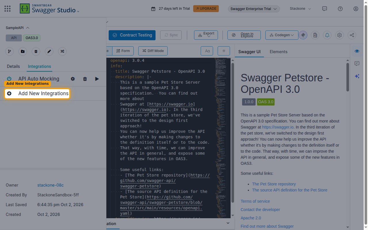 The API panel Integrations tab with the Add New Integrations button highlighted