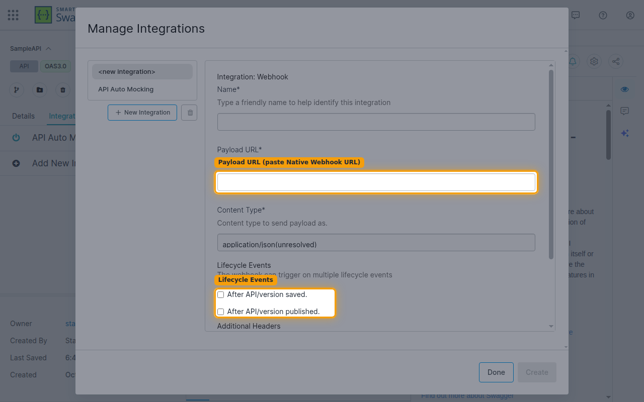 The Integration Webhook form showing the Payload URL field and the Lifecycle Events checkboxes