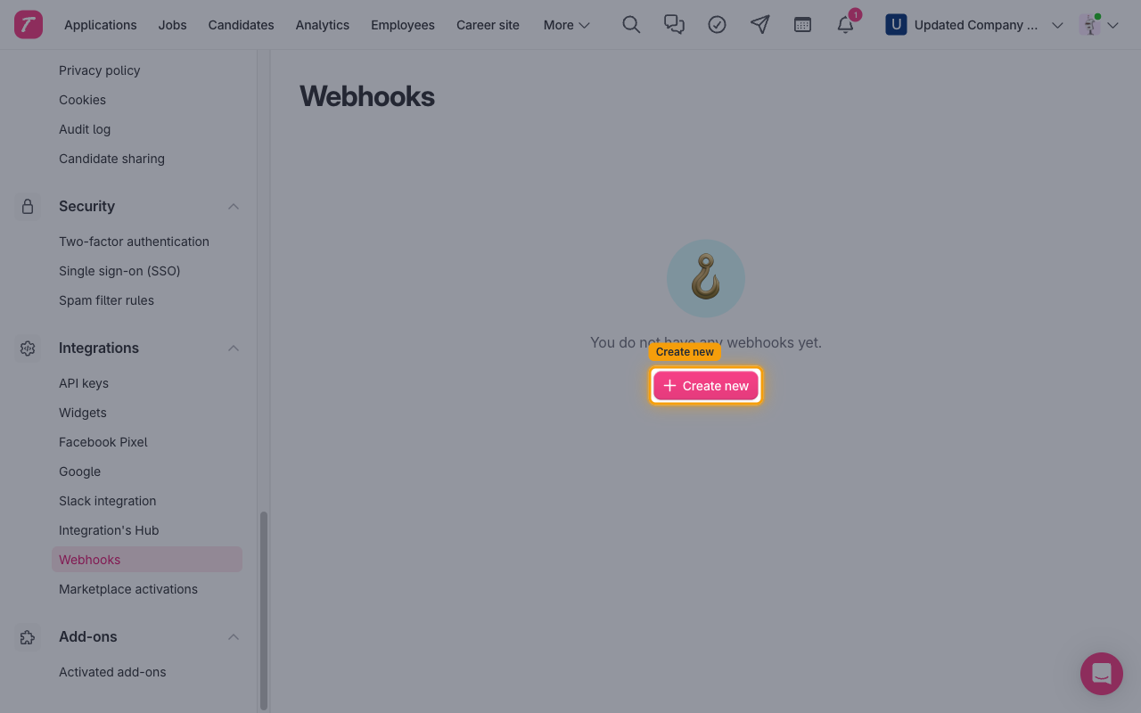 Empty Teamtailor Webhooks page with the Create new button highlighted.