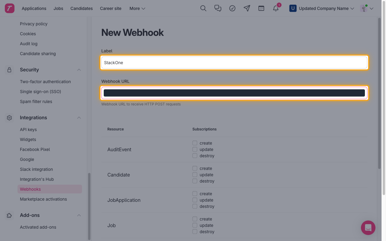 New Webhook form with the Label and Webhook URL fields highlighted and the URL value hidden.