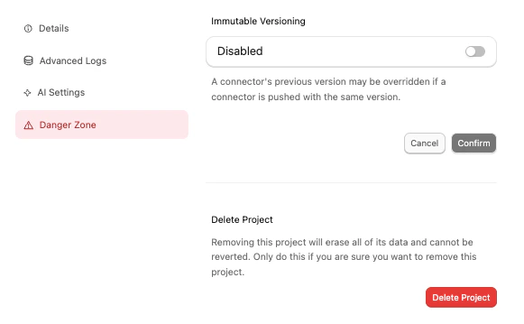 Danger Zone settings with Immutable Versioning toggle and Delete Project action