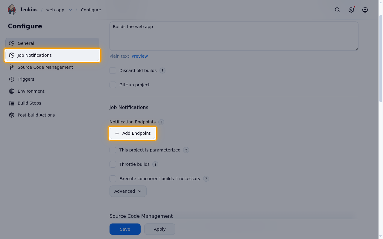 Job configuration with the Job Notifications section and the Add Endpoint button highlighted
