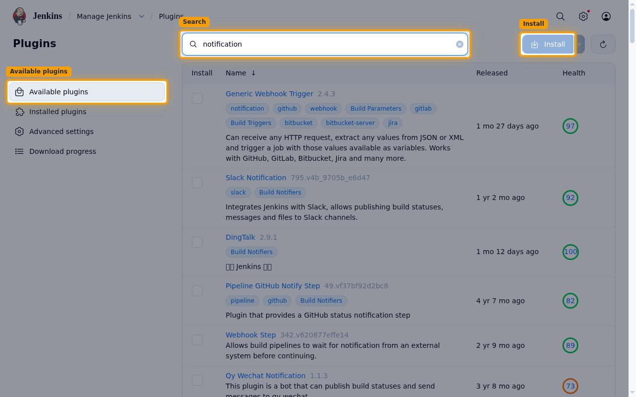 Available plugins tab with the search box and the Install button highlighted