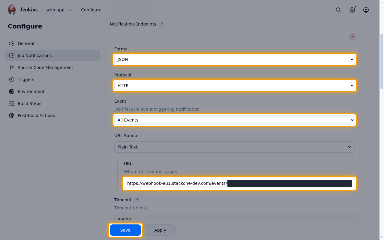 Notification endpoint form with Format, Protocol, Event, URL and Save highlighted and the URL token masked