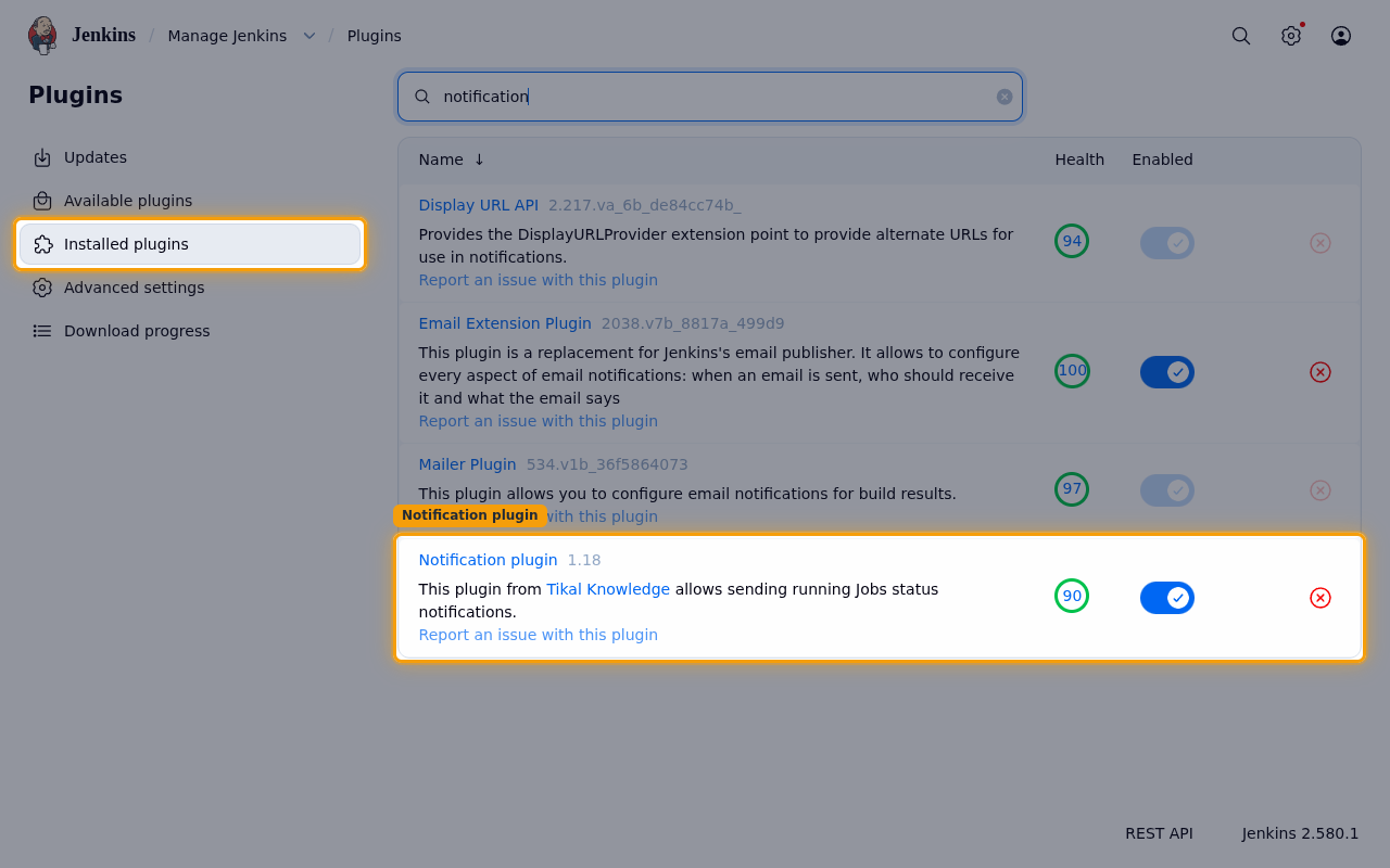 Installed plugins tab showing the enabled Notification plugin
