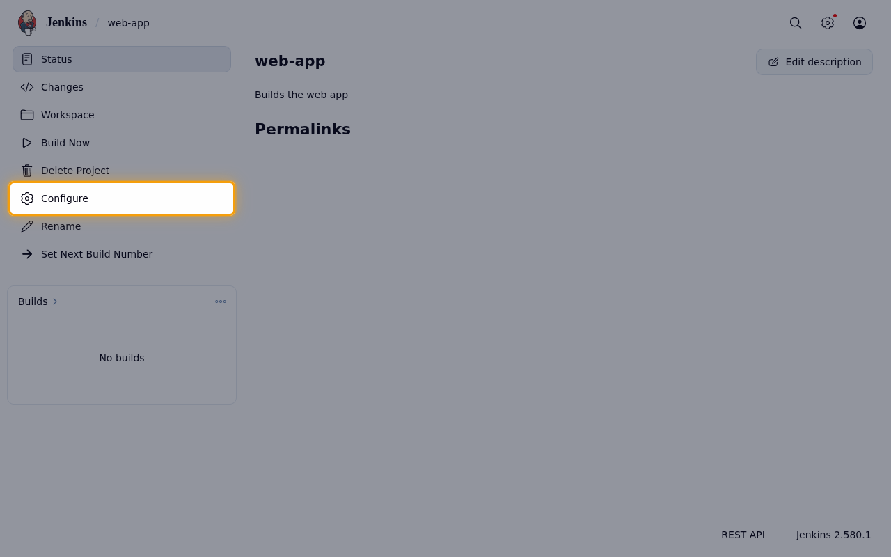 Job page with the Configure link highlighted