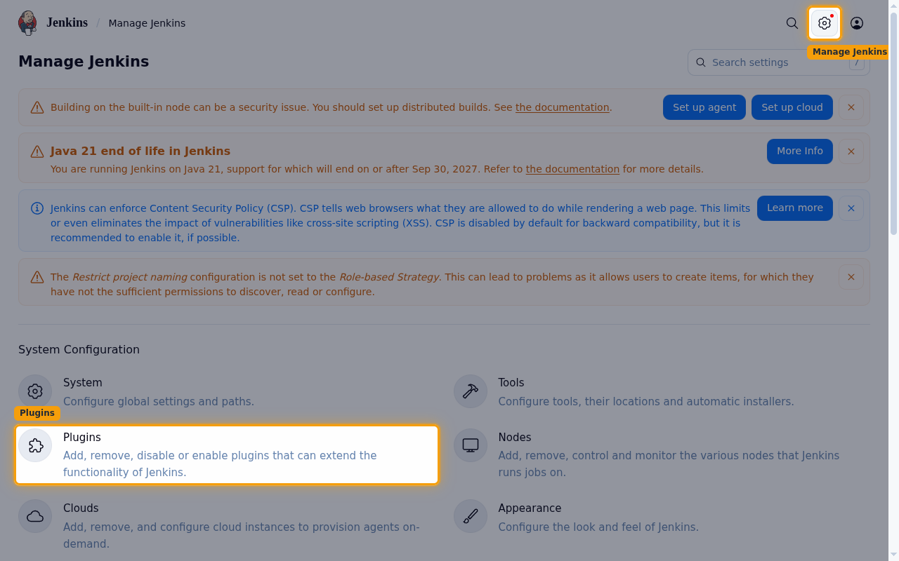 Manage Jenkins page with the gear icon and the Plugins entry highlighted