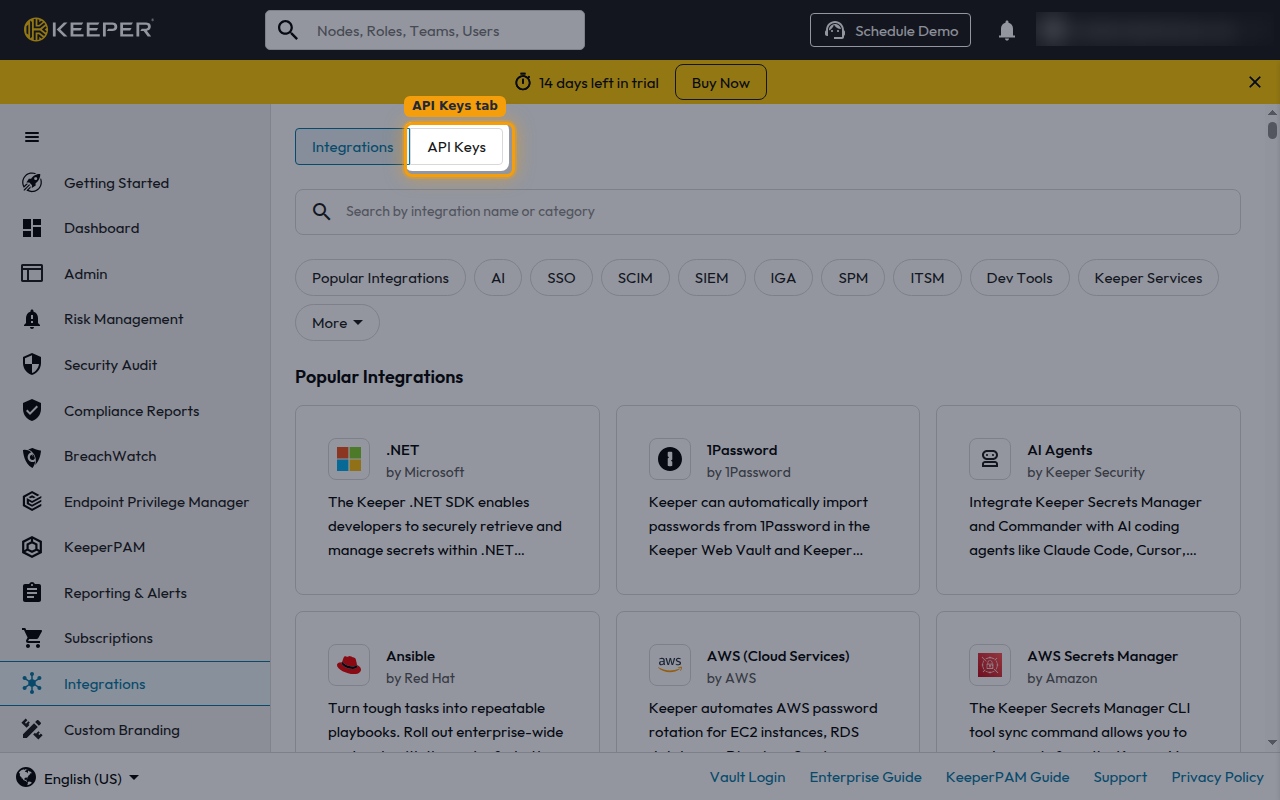 The Integrations page with the API Keys tab highlighted