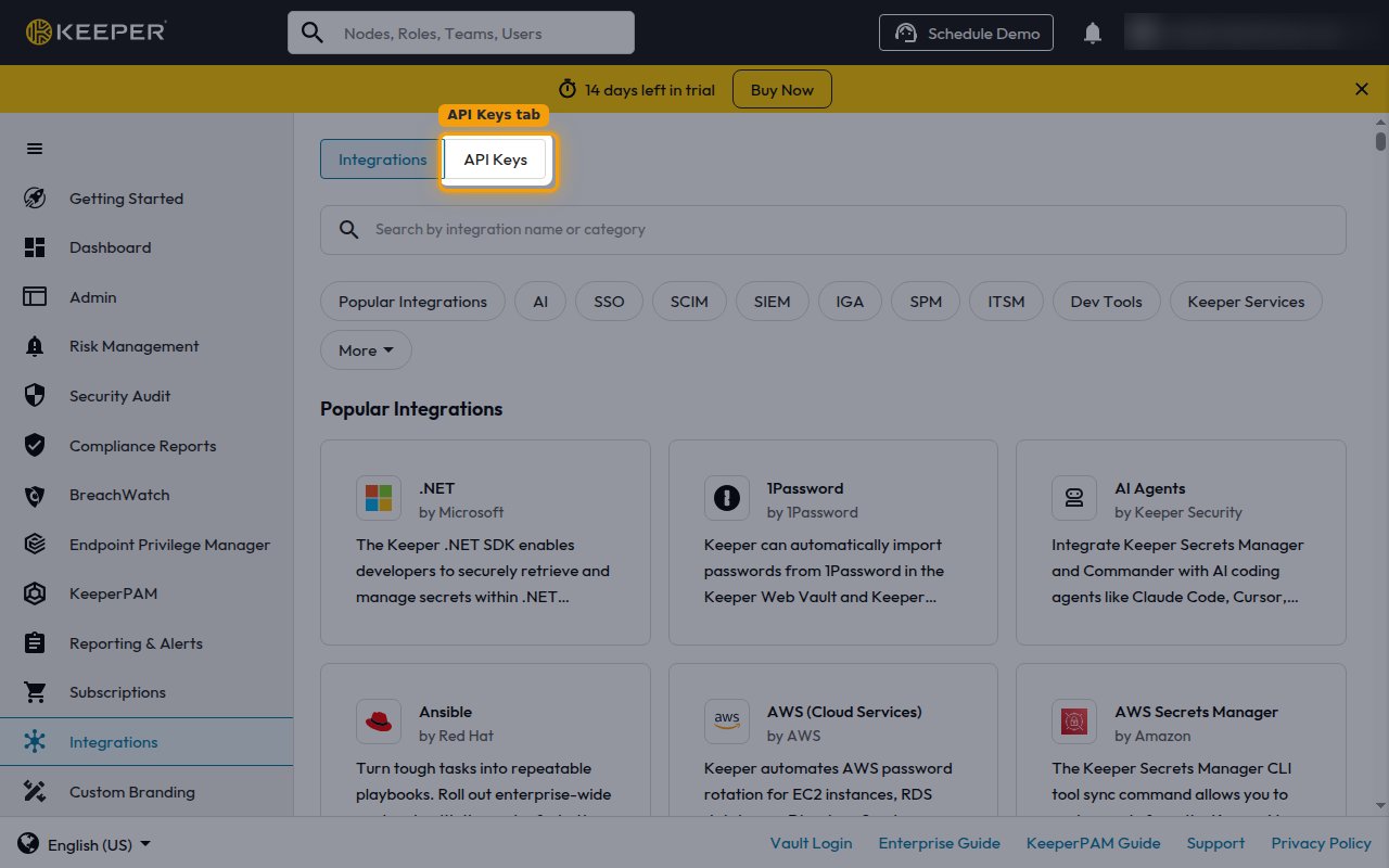 The Integrations page with the API Keys tab highlighted
