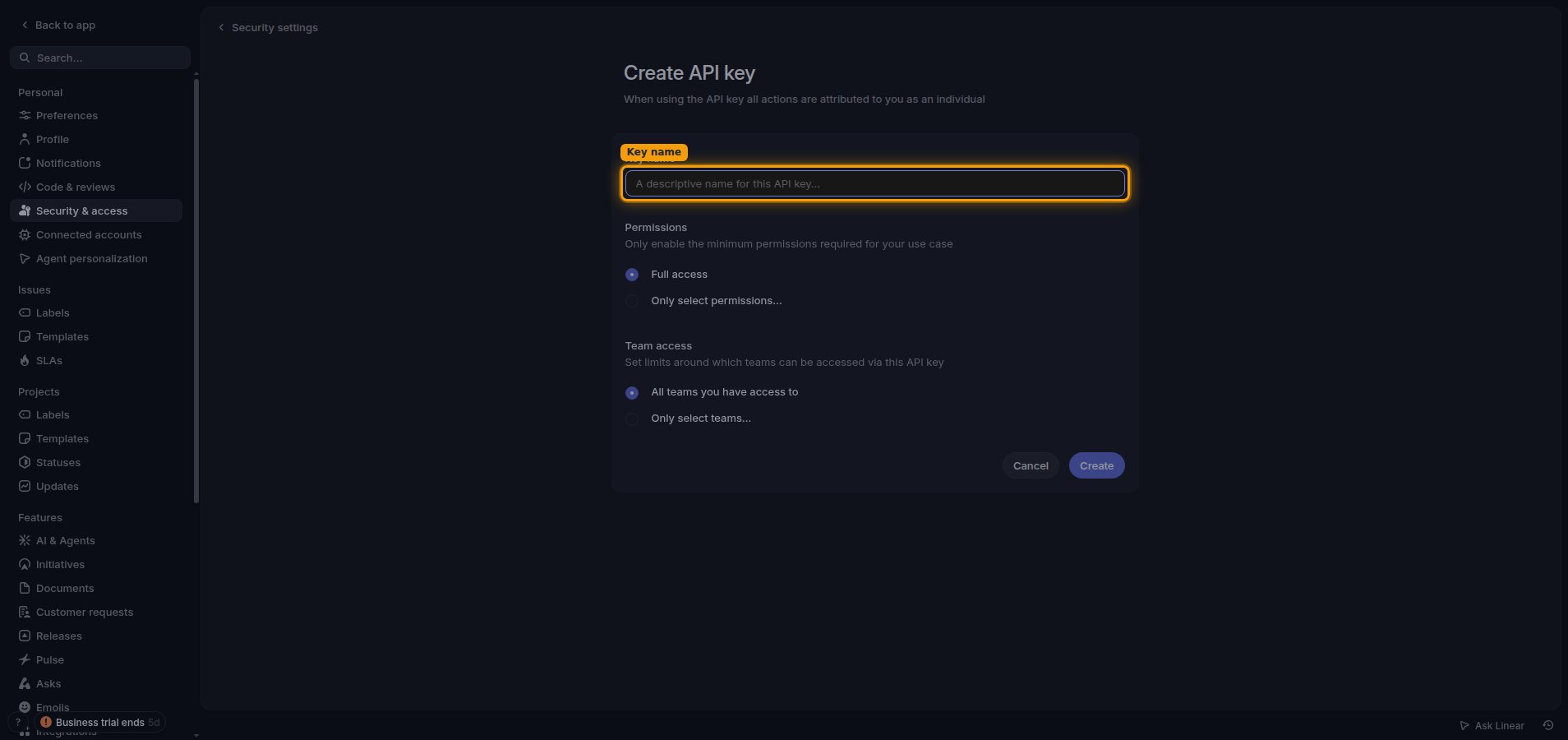 The Create API key form showing the Key name field, Permissions options, and Team access options.
