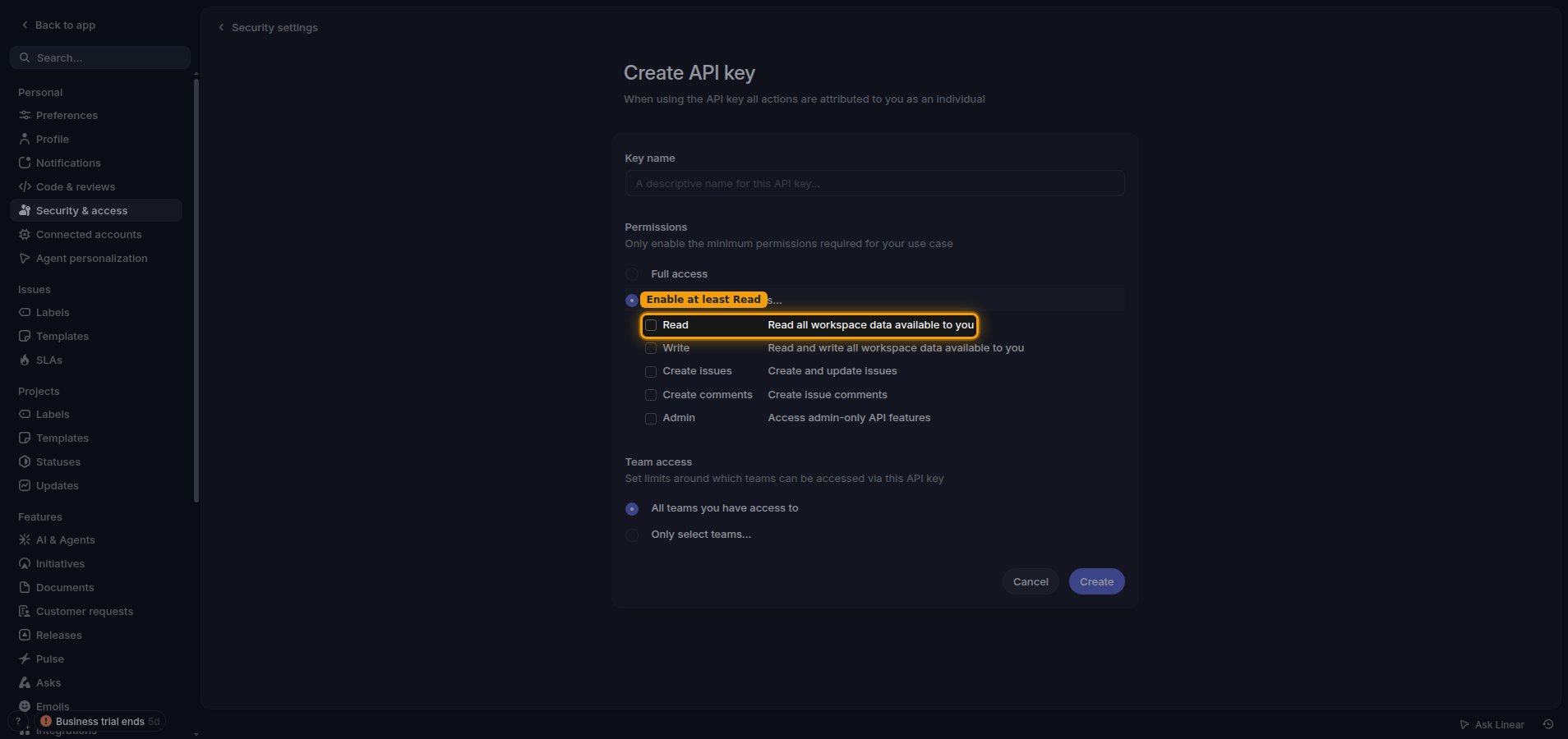 The permissions checklist with Read, Write, Create issues, Create comments, and Admin, with Read highlighted.