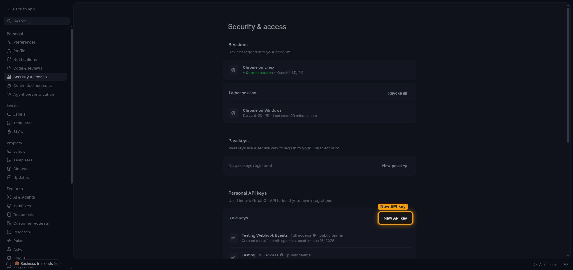 The Security & access page with the New API key button highlighted in the Personal API keys section.