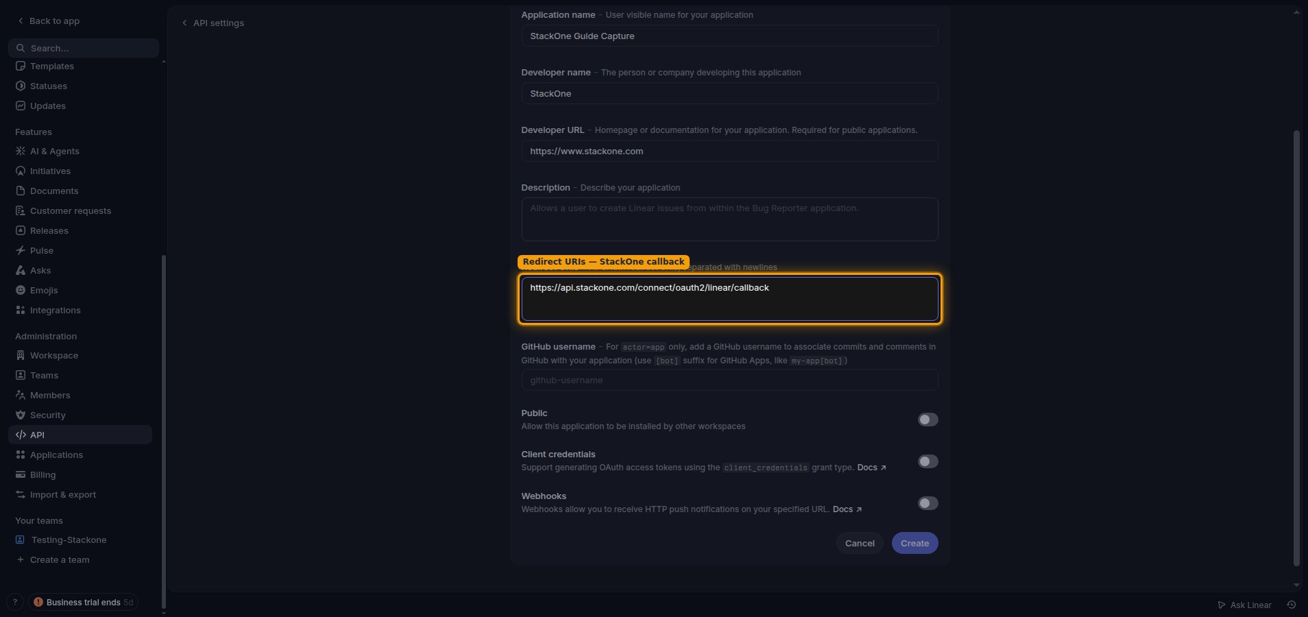 The Create new application form with the Redirect URIs field populated with the StackOne callback URL.