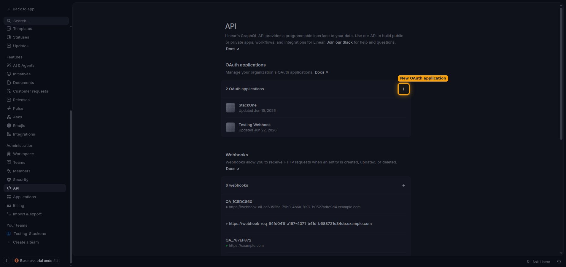 The API settings page with the New OAuth application button highlighted in the OAuth applications section.