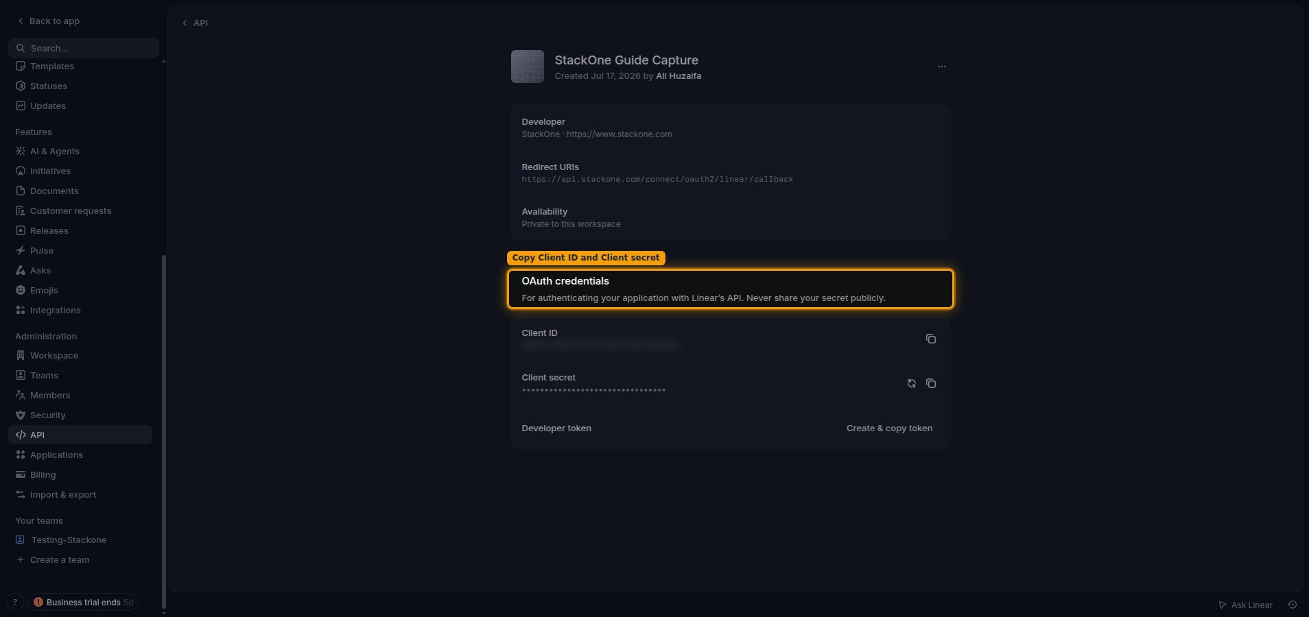 The OAuth credentials section showing the Client ID and Client secret each with a copy-to-clipboard button.