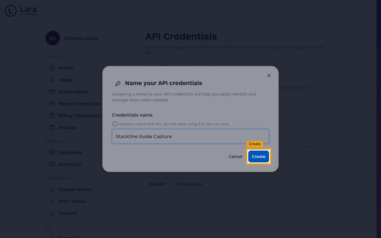 Name your API credentials dialog with the Credentials name field filled and the Create button highlighted.