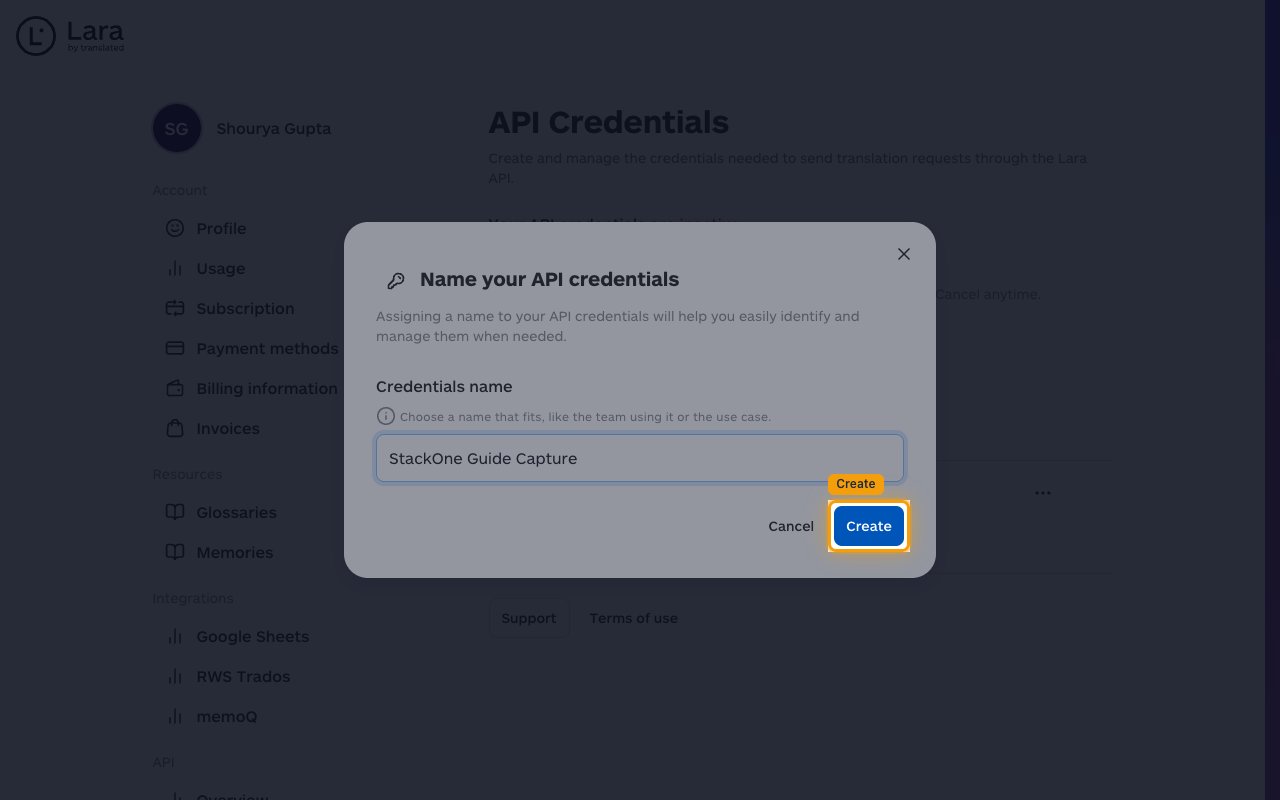 Name your API credentials dialog with the Credentials name field filled and the Create button highlighted.