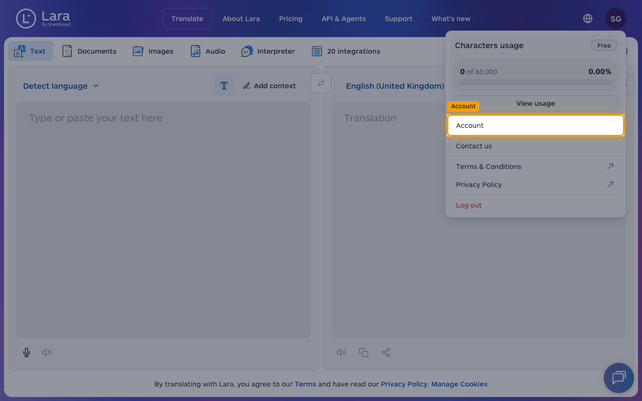 Lara Translate dashboard with the Profile menu open and the Account item highlighted.